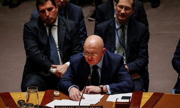 Russian Ambassador to the United Nations Vasily Nebenzya addresses the United Nations Security Council about an international inquiry into chemical weapons attacks in Syria, during a meeting at the United Nations headquarters in New York, U.S., November 1