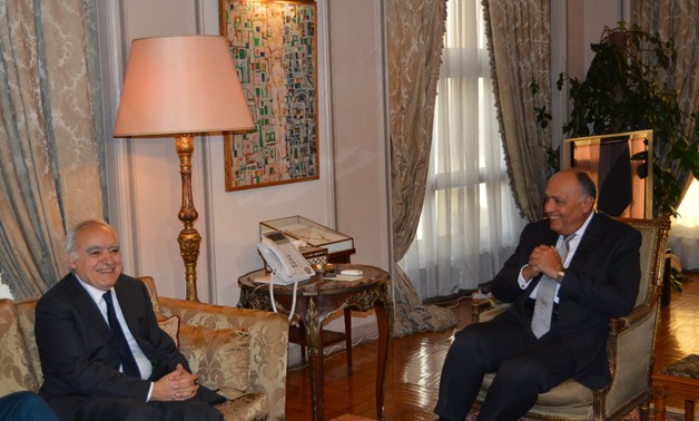 Foreign Minister Sameh Shoukry meets the United Nations special envoy to Libya Ghassan Slama – Press Photo