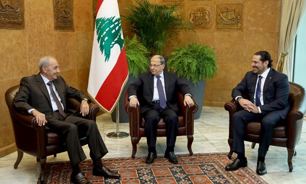 FILE PHOTO - Lebanese President Michel Aoun meets with Prime Minister Saad al-Hariri, and Lebanese Parliament Speaker Nabih Berri at the presidential palace in Baabda, Lebanon November 27, 2017. Dalati Nohra/Handout via REUTERS
