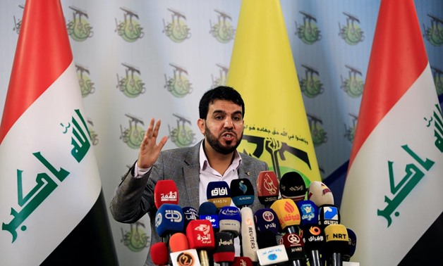 Hashim al-Mousawi, the official spokesman for Harakat Hezbollah al Nujaba, speaks during a news conference in Baghdad, Iraq November 23, 2017. REUTERS/Thaier Al-Sudani
