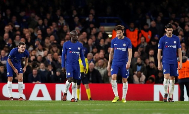 Soccer Football - Champions League - Chelsea vs Atletico Madrid - Stamford Bridge, London, Britain - December 5, 2017 Chelsea's N'Golo Kante, Cesc Fabregas and Alvaro Morata look dejected after conceding their first goal Action Images via Reuters/Paul Chi