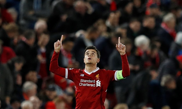 Soccer Football - Champions League - Liverpool vs Spartak Moscow - Anfield, Liverpool, Britain - December 6, 2017 Liverpool's Philippe Coutinho celebrates scoring their second goal REUTERS/Phil Noble
