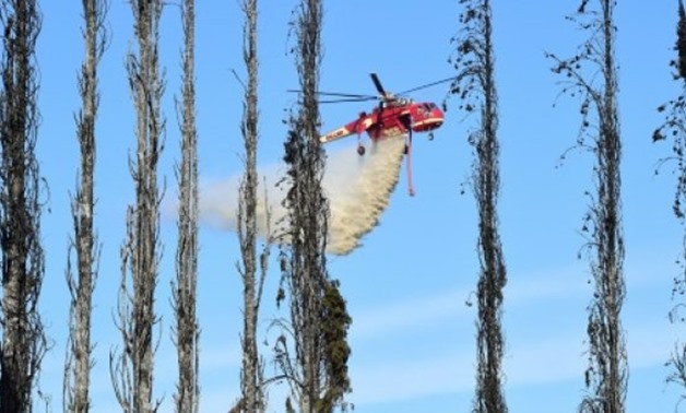 © AFP / by Veronique DUPONT, Robyn Beck | Beyond a wall of burned Cypress trees, a helicopter drops water over farms and homes in Bonsall, California