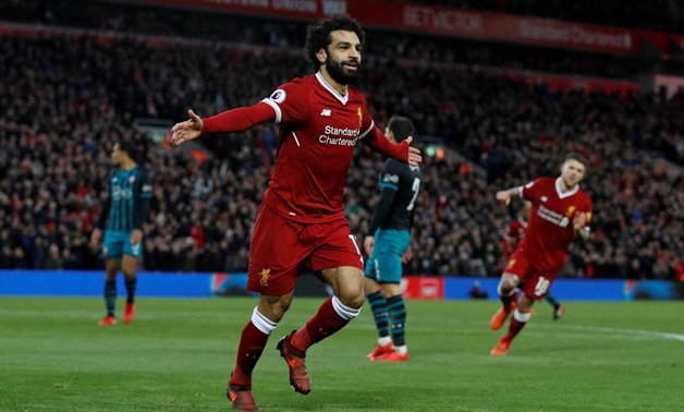 Soccer Football - Premier League - Liverpool vs Southampton - Anfield, Liverpool, Britain - November 18, 2017 Liverpool's Mohamed Salah celebrates scoring their second goal REUTERS/Phil Noble