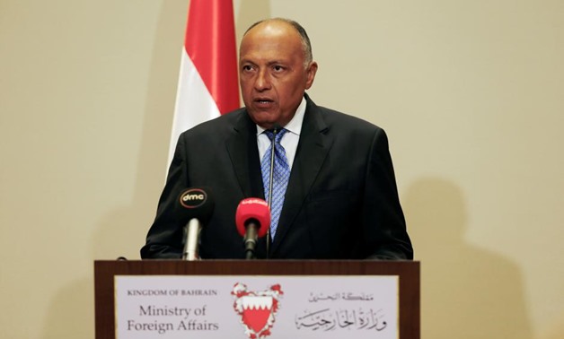 Egypt's Foreign Minister Sameh Shoukri speaks to media after the foreign ministers of Saudi Arabia, Bahrain, the United Arab Emirates and Egypt meeting to discuss their dispute with Qatar, in Manama, Bahrain July 30, 2017. REUTERS/Hamad I Mohammed