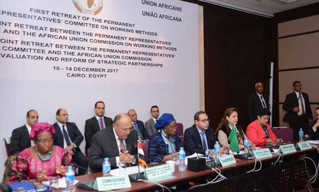 Foreign Minister Sameh Shoukry delivering a speech in the closing session of the Joint Retreat between the Permanent Representatives and the African Union Commission, Wednesday, December 14, 2017 – Press Photo 