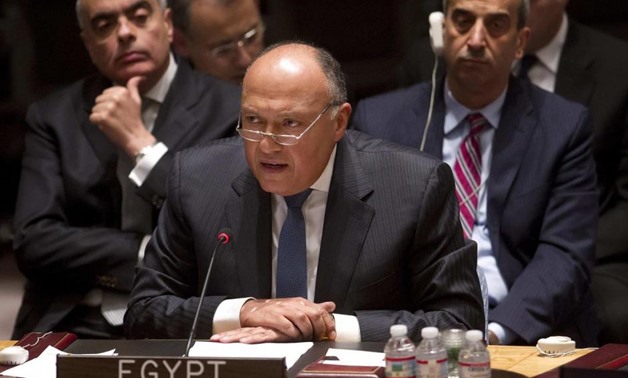 Egyptian Foreign Minister Sameh Shoukry speaks during a United Nations Security Council meeting about the situation in Libya in the Manhattan borough of New York February 18, 2015. REUTERS/Carlo Allegri