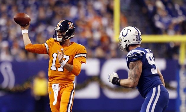 Dec 14, 2017; Indianapolis, IN, USA; Denver Broncos quarterback Brock Osweiler (17) throws a pass against the Indianapolis Colts during the 4th quarter at Lucas Oil Stadium. Mandatory Credit: Brian Spurlock-USA TODAY Sports 