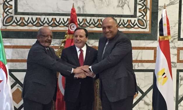 Egypt’s Foreign Minister, Sameh Shoukry, with his Tunisian and Algerian counterparts in Tunisia to discuss the Libyan political course on December 17 – Press Photo