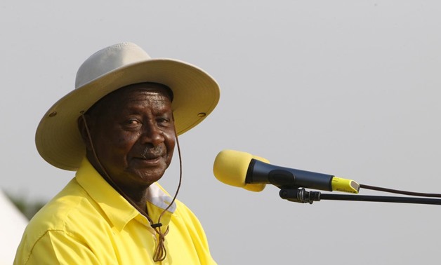 Uganda's President and ruling party National Resistance Movement (NRM) presidential candidate Yoweri Museveni speaks during a campaign rally in capital Kampala February 11, 2016 ahead of the February 18 presidential election. REUTERS/James Akena