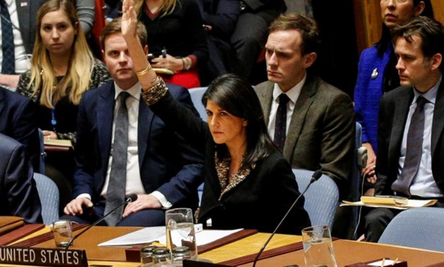 U.S. Ambassador to the United Nations Nikki Haley vetos an Egyptian-drafted resolution regarding recent decisions concerning the status of Jerusalem, during the United Nations Security Council meeting on the situation in the Middle East, including Palesti