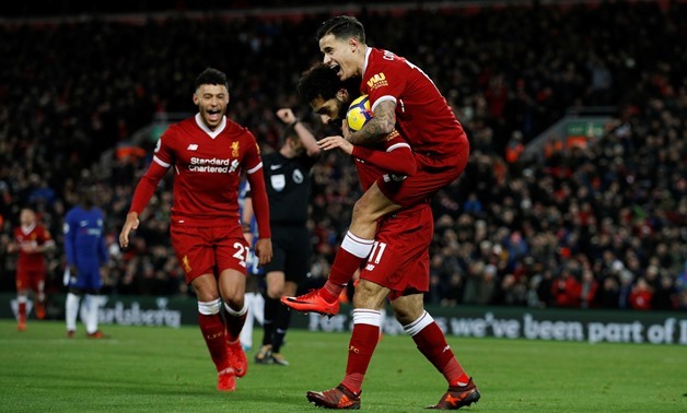 Soccer Football - Premier League - Liverpool vs Chelsea - Anfield, Liverpool, Britain - November 25, 2017 Liverpool's Mohamed Salah celebrates scoring their first goal with Philippe Coutinho and Alex Oxlade-Chamberlain - REUTERS/Phil Noble