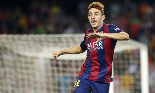 Barcelona's Munir El Haddadi celebrates his goal during the Spanish first division soccer match against Elche at Nou Camp stadium in Barcelona August 24, 2014 - REUTERS/Gustau Nacarin