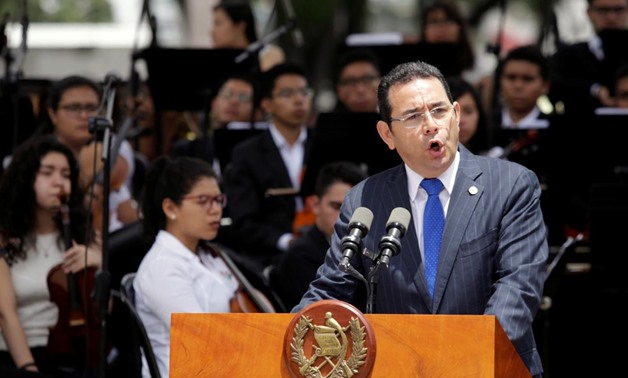 Guatemala's President Jimmy Morales addresses the audience during the inauguration of the Spanish Square in Guatemala City, Guatemala September 12, 2017. REUTERS/Luis Echeverria