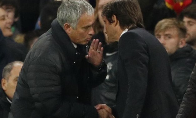 Britain Soccer Football - Chelsea v Manchester United - Premier League - Stamford Bridge – October 23, 2016, Manchester United manager Jose Mourinho and Chelsea manager Antonio Conte at the end of the match - Reuters/John Sibley Livepic