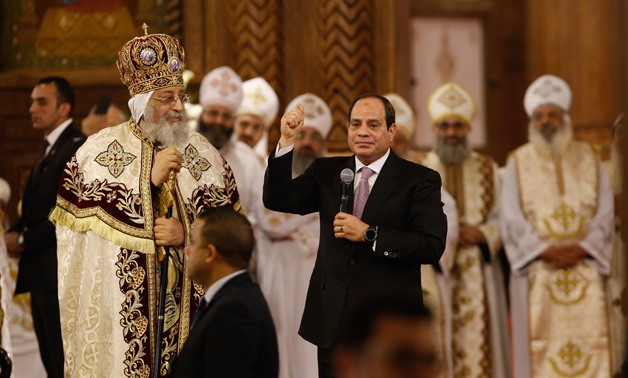 President Abdel Fatah al-Sisi (R) and Pope Tawadros of Alexandria and Patriarch of Saint Mark Diocese (L) at the Coptic Christmas Mass at the Cathedral of the New Administrative Capital on January 6, 2018/By Karim Abdel Aziz