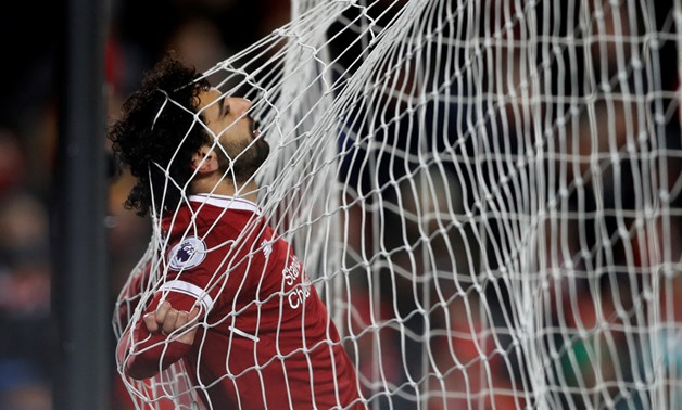 Soccer Football - Premier League - Liverpool vs West Bromwich Albion - Anfield, Liverpool, Britain - December 13, 2017 Liverpool's Mohamed Salah in the net Action Images via Reuters/Carl Recine