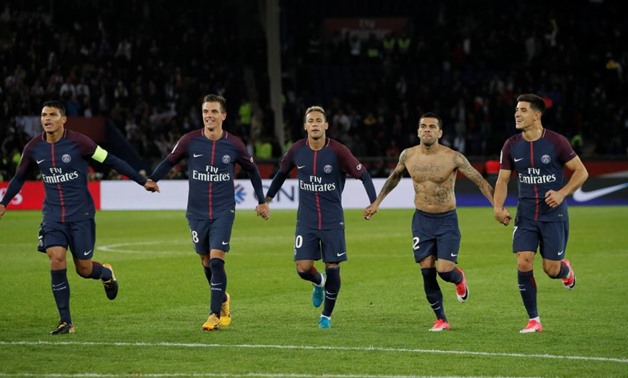 : The Parc des Princes, Paris, France - September 17, 2017 Paris Saint-Germain's Neymar celebrates with team mates after the match. REUTERS/Gonzalo Fuentes 