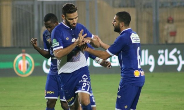 FILE - Al-Ahly’s midfielder Mido Gaber celebrates his goal against El-Gaish