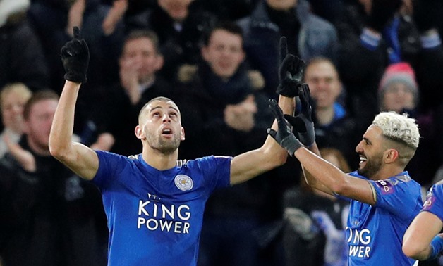 Soccer Football - Premier League - Leicester City vs Huddersfield Town - King Power Stadium, Leicester, Britain - January 1, 2018 Leicester City's Islam Slimani celebrates scoring their second goal REUTERS/Darren Staples 
