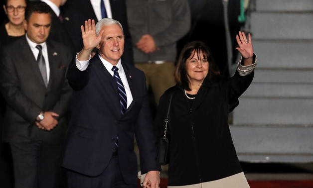U.S. Vice President Mike Pence and his wife Karen wave upon their arrival at Ben Gurion international Airport in Lod, near Tel Aviv, Israel January 21, 2018. REUTERS/Ammar Awad