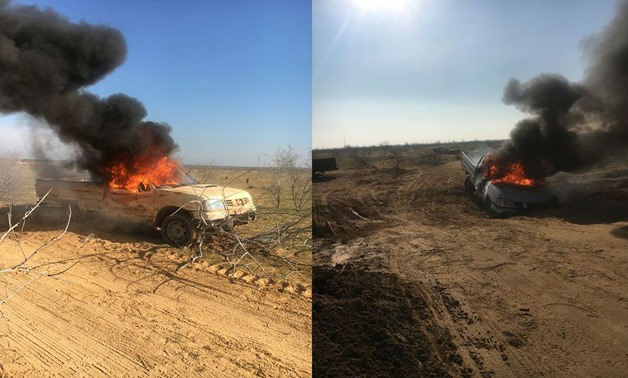 A pick-up car was destroyed by the military forces in North Sinai- photo courtesy of military Spokesperson's Facebook page