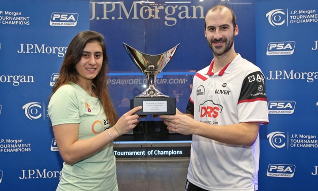 Nour El Sherbini (left) and Simon Rösner (right) – Photo courtesy of PSA World Tour website