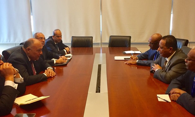 Minister of Foreign Affairs Sameh Shoukry (L) meeting with Sudanese counterpart Ibrahim Ghandour (R) on the sidelines of his participation in the Executive Council meetings of the 30th AU Summit in Addis Ababa on Jan. 26, 2018