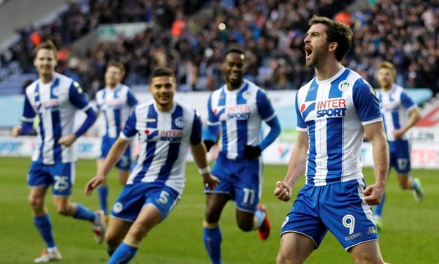 Soccer Football - FA Cup Fourth Round - Wigan Athletic vs West Ham United - DW Stadium, Wigan, Britain - January 27, 2018 Wigan Athletic’s Will Grigg celebrates scoring their second goal Action Images via Reuters/Carl Recine 
