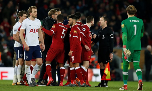 Soccer Football - Premier League - Liverpool vs Tottenham Hotspur - Anfield, Liverpool, Britain - February 4, 2018 Liverpool's Andrew Robertson speaks with the linesman after the match REUTERS/Andrew Yates
