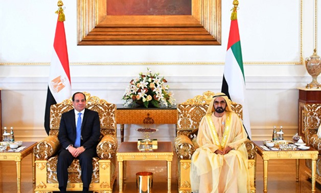President Abdel Fatah al-Sisi  is received by Sheikh Mohammed bin Rashid Al Maktoum, Crown Prince of Dubai on Tuesday in a two-day visit to Abu Dhabi - press photo