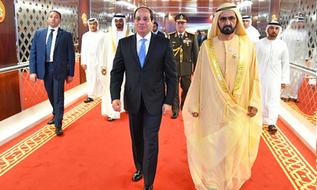 President Abdel Fatah al-Sisi was received by Sheikh Mohammed bin Zayed al-Nahyan, Crown Prince of Abu Dhabi on Tuesday in a two-day visit to Abu Dhabi - press photo