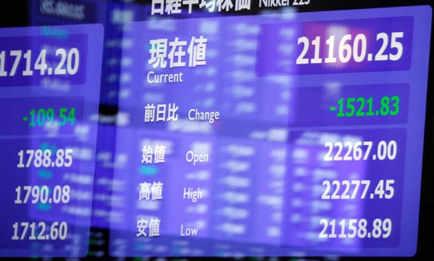 An electronic board showing the Nikkei share average is seen as market prices are reflected in a glass window at the Tokyo Stock Exchange (TSE) in Tokyo, Japan, February 6, 2018. REUTERS/Toru Hanai
