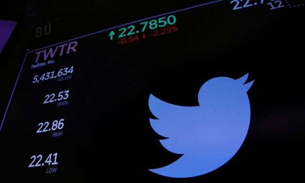 The Twitter logo and stock prices are shown above the floor of the New York Stock Exchange shortly after the opening bell in New York, U.S., January 23, 2018. REUTERS/Lucas Jackson
