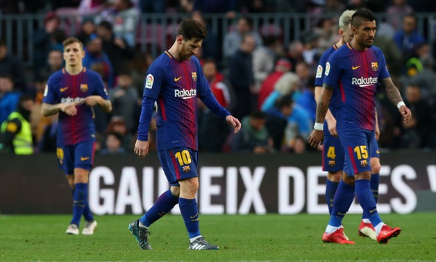 Soccer Football - La Liga Santander - FC Barcelona vs Getafe - Camp Nou, Barcelona, Spain - February 11, 2018 Barcelona’s Lionel Messi looks dejected after the match REUTERS/Albert Gea
