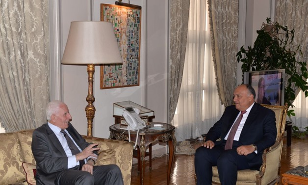 FM Shoukry with Azzam al-Ahmad during their meeting in Cairo, February 11- Press Photo