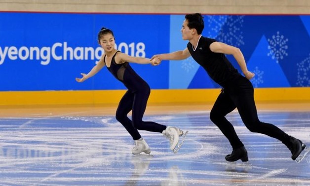 Feb 6, 2018; Gangneung, KOR; Democratic People's Republic of Korea pairs figure skaters, Ju Sik Kim and Tae Ok Ryom, practice in advance of the PyeongChang 2018 Olympic Winter Games at Gangneung Ice Arena. Mandatory Credit: Michael Madrid-USA TODAY Sports
