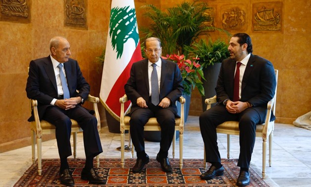Lebanese President Michel Aoun meets with Prime Minister Saad al-Hariri, and Lebanese Parliament Speaker Nabih Berri at the presidential palace in Baabda, Lebanon February 6, 2018. REUTERS/Mohamed Azakir