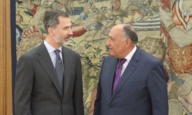 Egyptian Foreign Minister Sameh Shoukry meets with Spanish King Felipe VI on Wednesday, February 14, 2018 – Press Photo