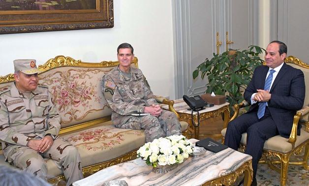 President Abdel Fatah al-Sisi (R), Head of the U.S. Central Command General Joseph Votel (C) and Egypt's Defense Minister Sedqi Sobhi (L) on Feb. 15, 2018 - Press photo