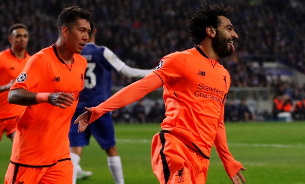 Soccer Football - Champions League Round of 16 First Leg - FC Porto vs Liverpool - Estadio do Dragao, Porto, Portugal - February 14, 2018 Liverpool's Mohamed Salah celebrates scoring their second goal with Roberto Firmino Action Images via Reuters/Matthew