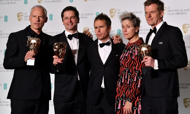 L-R: Martin McDonagh, Peter Czernin, Sam Rockwell, Frances McDormand and Graham Broadbent pose after receiving the award for Best Film at the BAFTA British Academy Film Awards