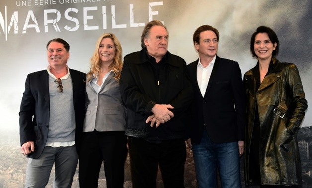 From L: French director Florent Emilio-Siri and French actors Natacha Regnier, Gerard Depardieu, Benoit Magimel and Geraldine Pailhas promote the French TV show "Marseille"

