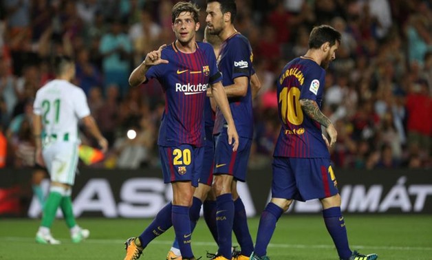 FILE PHOTO: Sergi Roberto celebrates scoring their second goal, Barcelona vs Real Betis - Barcelona, Spain - August 20, 2017 REUTERS/Sergio Perez 