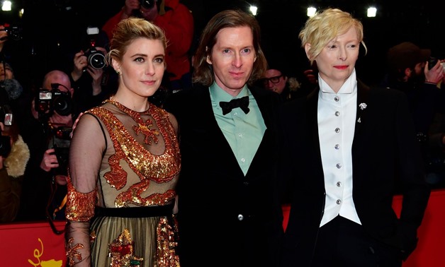 British actress Tilda Swinton (R) and US actress Greta Gerwig with US director Wes Anderson at the opening of the Berlinale
