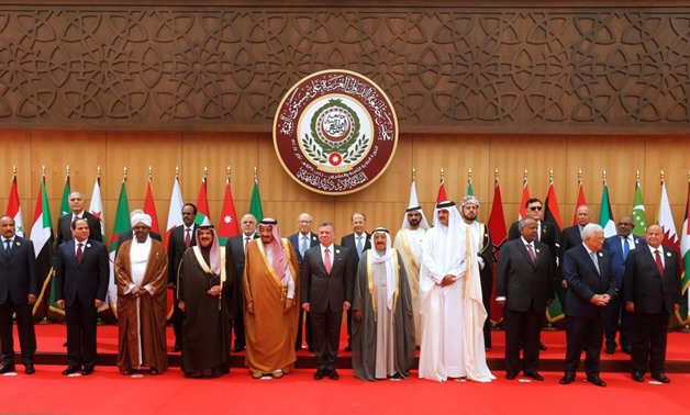 (front R-L) Yemen's President Abd-Rabbu Mansour Hadi, Palestinian President Mahmoud Abbas, Djibouti's President Ismail Omar Guelleh, Qatari Emir Sheikh Tamim bin Hamad al-Thani, Emir of Kuwait Sabah Al-Ahmad Al-Jaber Al-Sabah, Jordan's King Abdullah II, S