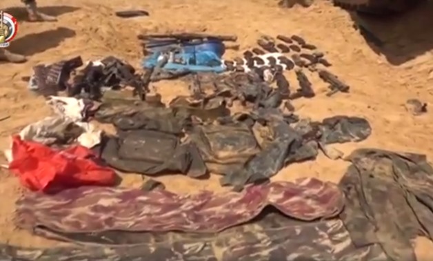 Amounts of weapons and ammunition discovered in terror hideouts in North Sinai - Screen shot of army video statement.
