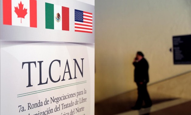A NAFTA banner is pictured inside a hotel where the seventh round of NAFTA talks involving the United States, Mexico and Canada take place, in Mexico City, Mexico February 27, 2018. REUTERS/Henry Romero

