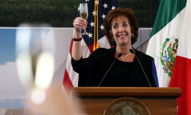 FILE PHOTO: U.S. Ambassador to Mexico Roberta S. Jacobson raises her glass in a toast as she attends a ceremony to place the first stone of the new U.S. Embassy in Mexico City, Mexico February 13, 2018. REUTERS/Edgard Garrido