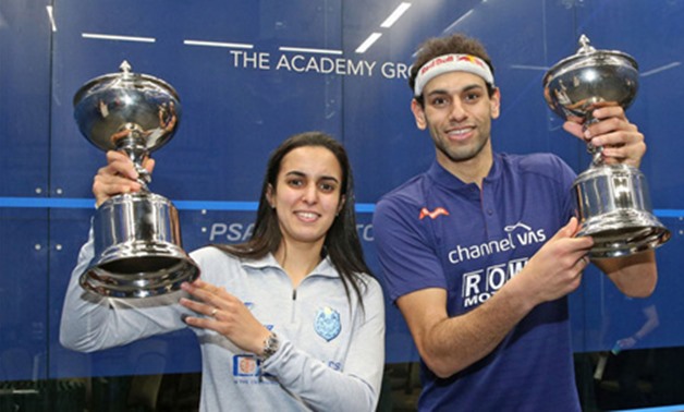 Egypt’s Nour El Tayeb and Mohamed El Shorbagy lifting their trophies – Courtesy of PSA website